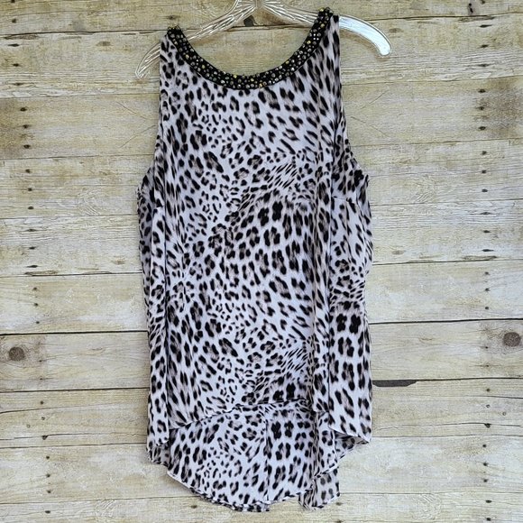 EUC Jennifer Lopez White & Black Leopard Print Jewel Neckline Sleeveless Top 1X - Picture 1 of 9